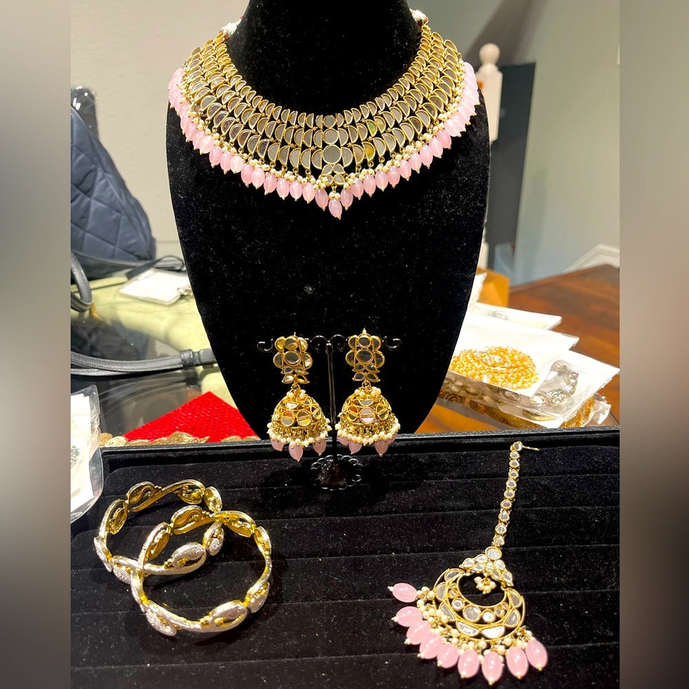 Beautiful Mirror Work with Monalisa beads and AD bangles full set